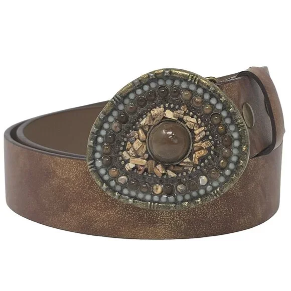 Guess Brown Boho Belt with Stone and Beaded Teardrop Buckle Size Large - Picture 1 of 11